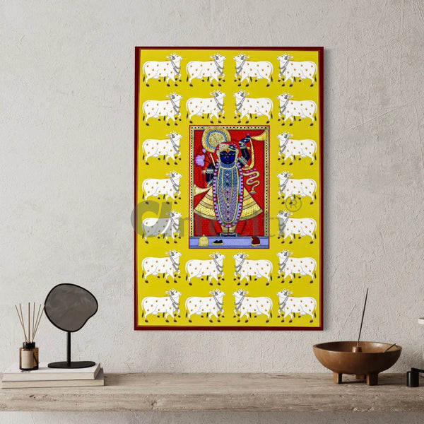 Lord Shreenathji Pichwai in Yellow Traditional Art Canvas Giclee Print 24X16 Inches