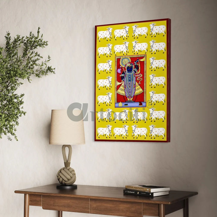 Lord Shreenathji Pichwai in Yellow Traditional Art Canvas Giclee Print 30X20 Inches