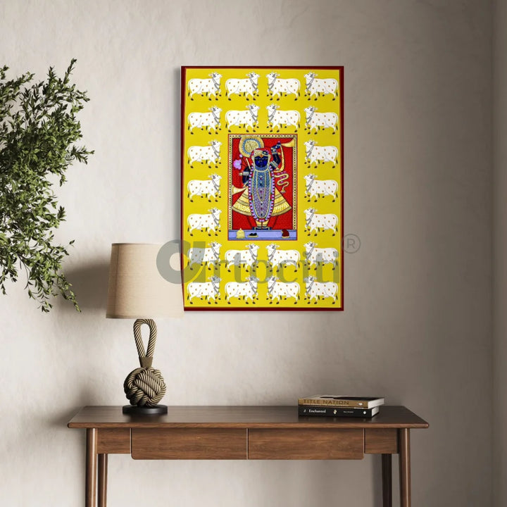 Lord Shreenathji Pichwai in Yellow Traditional Art Canvas Giclee Print