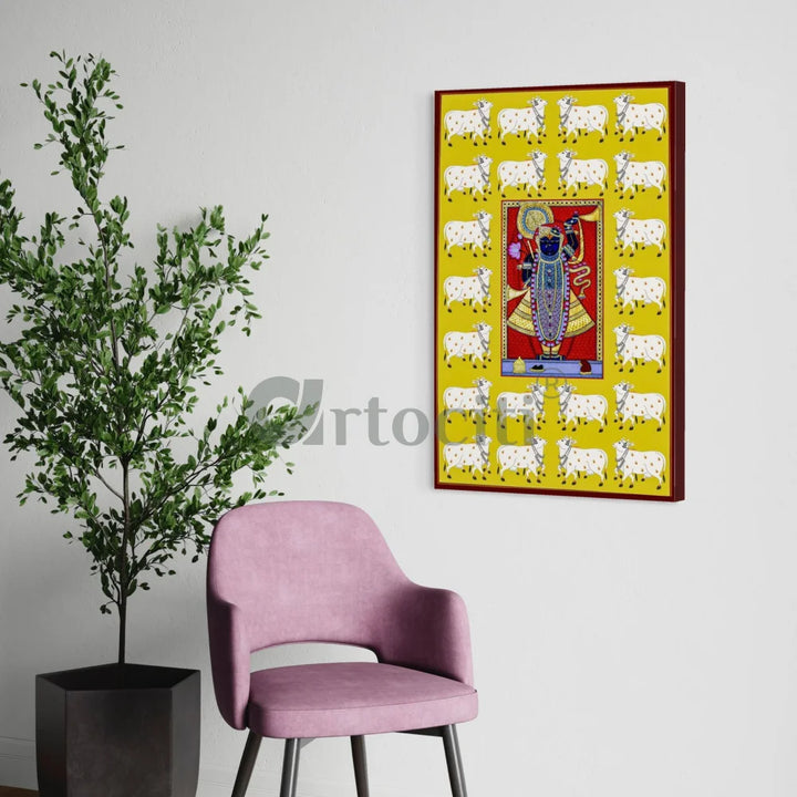 Lord Shreenathji Pichwai in Yellow Traditional Art Canvas Giclee Print