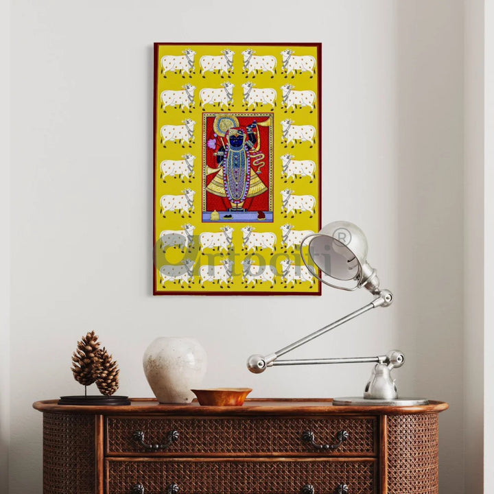 Lord Shreenathji Pichwai in Yellow Traditional Art Canvas Giclee Print