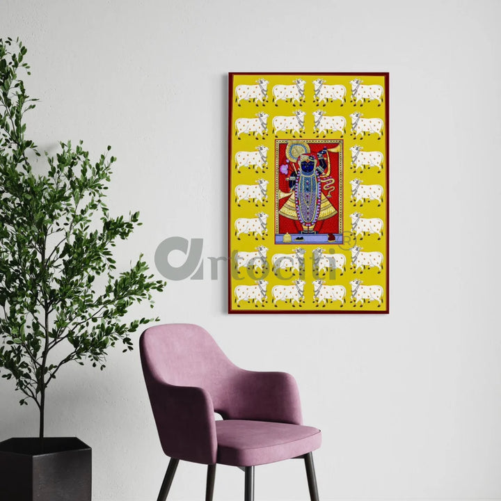 Lord Shreenathji Pichwai in Yellow Traditional Art Canvas Giclee Print