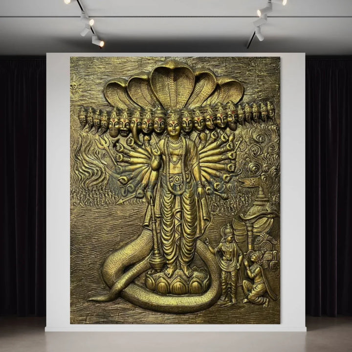 Lord Vishnu Dusavtar 3D Elevation Sculpture Relief Mural Wall Art 7X5.5 Ft / Golden
