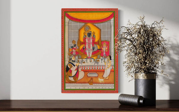 Maharana Bhim Singh Worshipping Shreenath Ji Pichwai Painting – Traditional Nathdwara Temple Art 18X12 INCHES