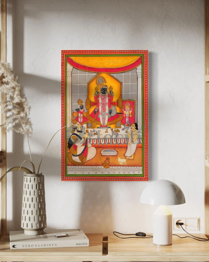 Maharana Bhim Singh Worshipping Shreenath Ji Pichwai Painting – Traditional Nathdwara Temple Art 24X16 INCHES