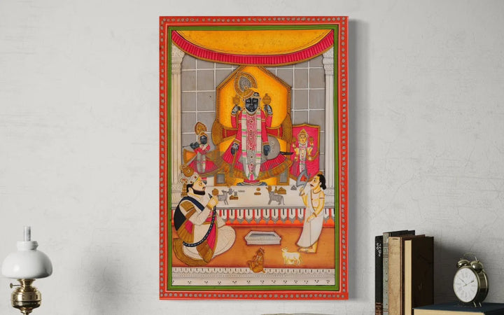 Maharana Bhim Singh Worshipping Shreenath Ji Pichwai Painting – Traditional Nathdwara Temple Art 30X20 INCHES