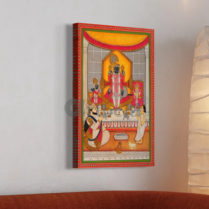 Maharana Bhim Singh Worshipping Shreenath Ji Pichwai Painting – Traditional Nathdwara Temple Art 48X32 INCHES
