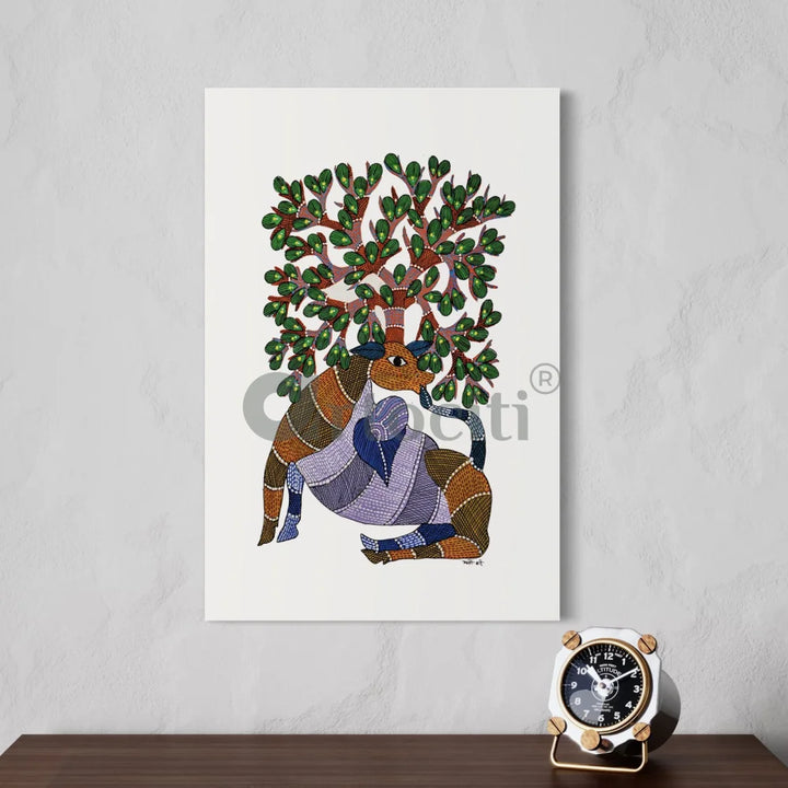 Majestic Deer with Tree Famous Canvas Painting Gond Art 24X16 Inches