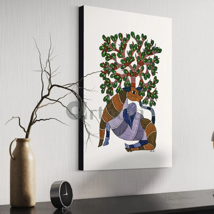 Majestic Deer with Tree Famous Canvas Painting Gond Art 30X20 Inches