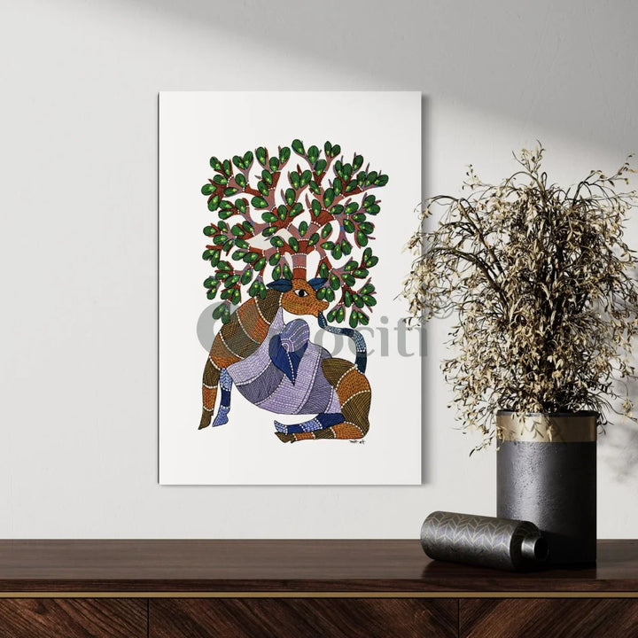 Majestic Deer with Tree Famous Canvas Painting Gond Art