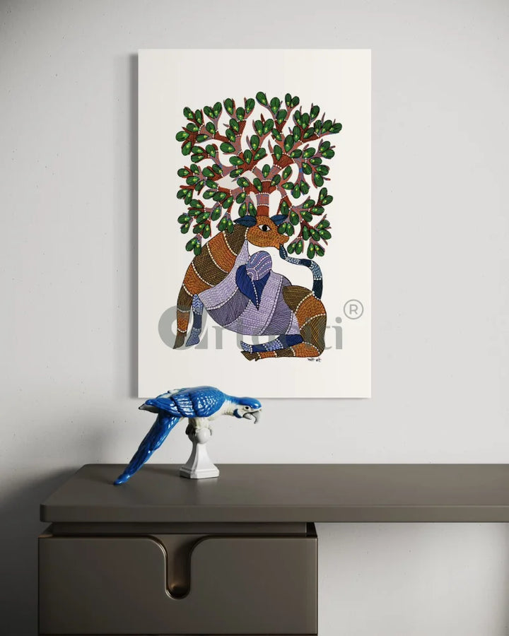 Majestic Deer with Tree Famous Canvas Painting Gond Art