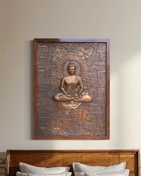 Meditating Buddha on Lotus 3D Relief Mural Wall Art Bronze / Framed Buddha Wall Decor