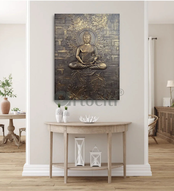 Meditating Buddha on Lotus 3D Relief Mural Wall Art Golden / Unframed (ready to hang) Buddha Wall Decor