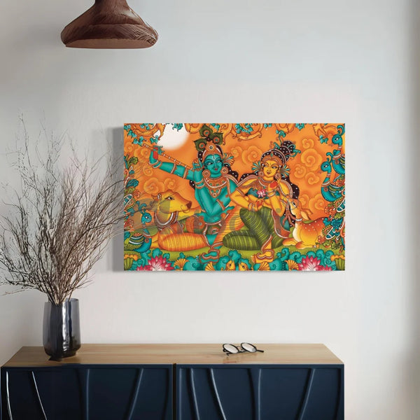 Melodic Serenity Kerala Mural Radha Krishna Bansuri Canvas Painting 16’’ X 24’’