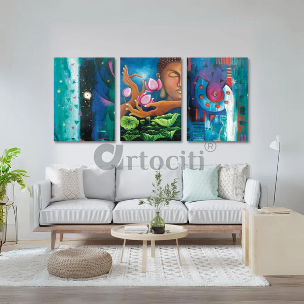 Modern Abstract Canvas Painting Buddha Set of 3 22X16 inches Buddha Wall Decor
