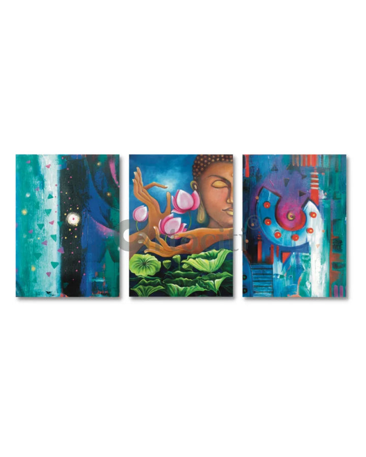 Modern Abstract Canvas Painting Buddha Set of 3 Buddha Wall Decor