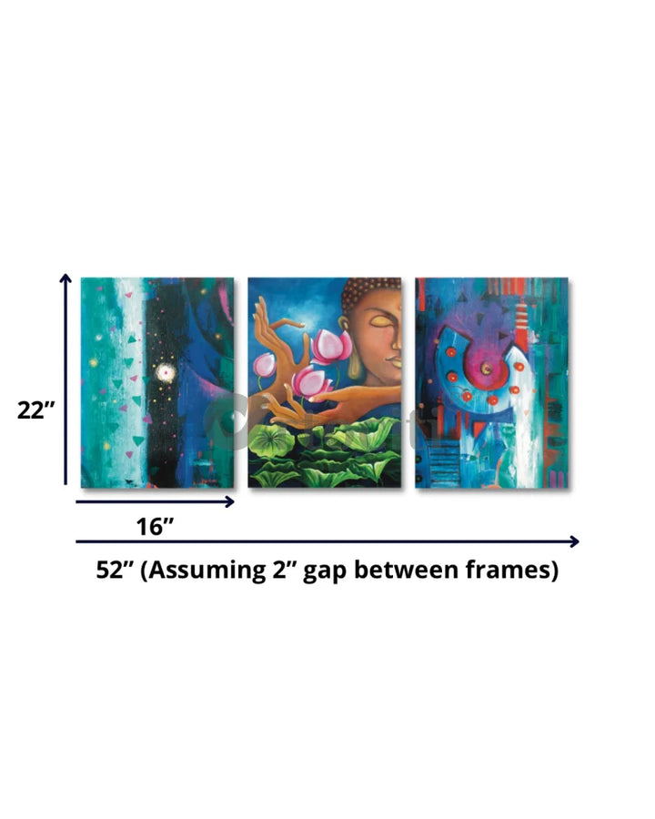 Modern Abstract Canvas Painting Buddha Set of 3 Buddha Wall Decor