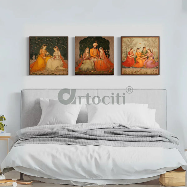 Mughal Elegance Trio Canvas Paintings Mughal Art Pichwai Painting
