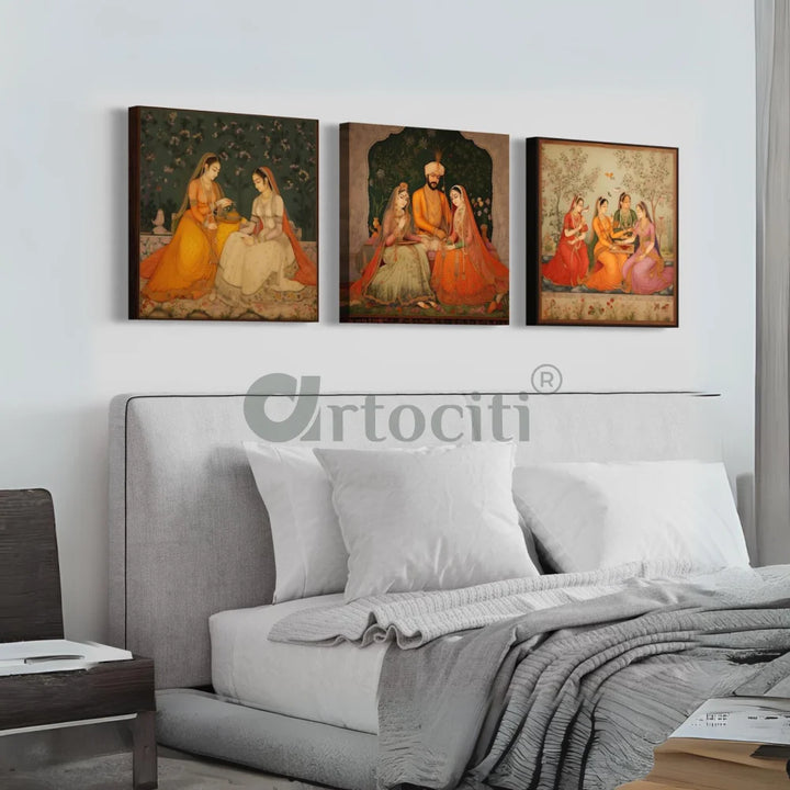 Mughal Elegance Trio Canvas Paintings Mughal Art Pichwai Painting