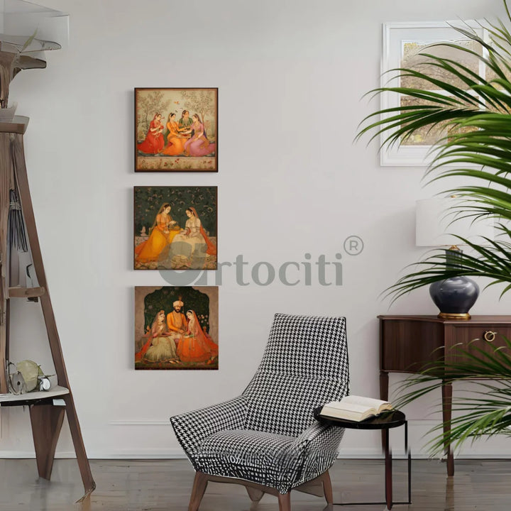 Mughal Elegance Trio Canvas Paintings Mughal Art Pichwai Painting