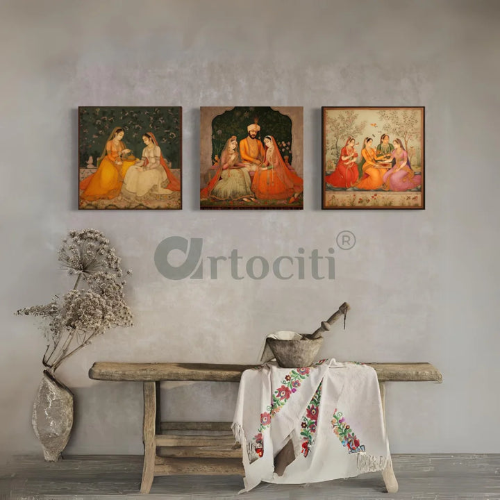 Mughal Elegance Trio Canvas Paintings Mughal Art Pichwai Painting