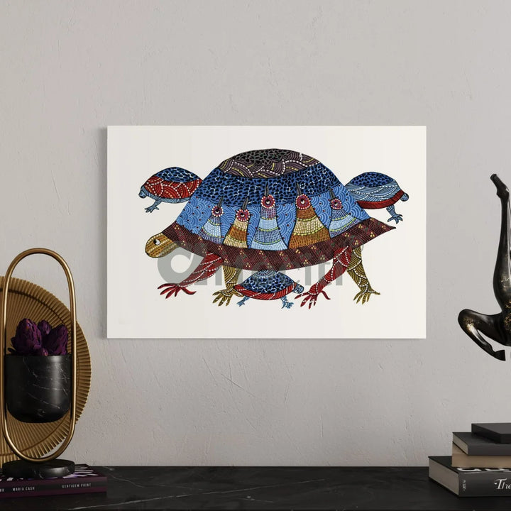 Multicolor Gond Art Turtle Canvas Giclee Print 24X16 Inches