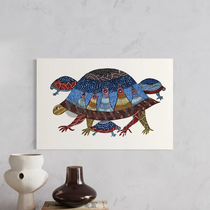 Multicolor Gond Art Turtle Canvas Giclee Print 30X20 Inches