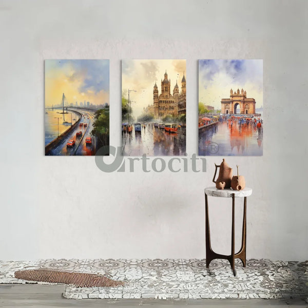 Mumbai Cityscape Watercolor Canvas Set World Famous Cities 24X16 inches wall art