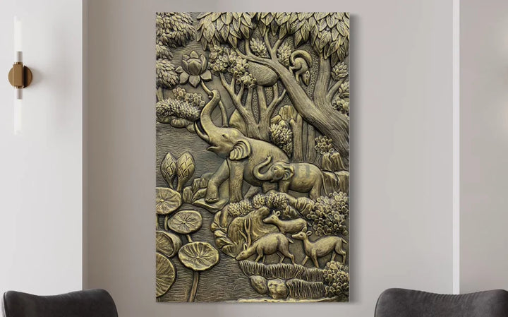 Nature inspired 3D Relief Mural Set - Elephant Deer Trees