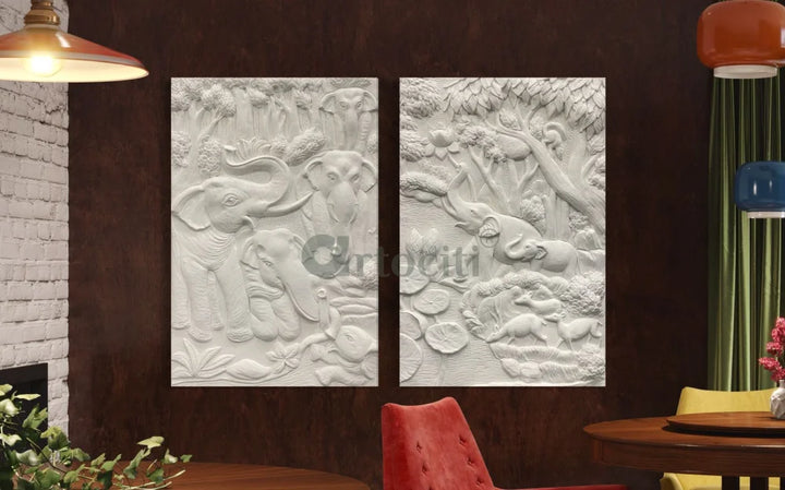 Nature inspired 3D Relief Mural Set - Elephant Deer Trees