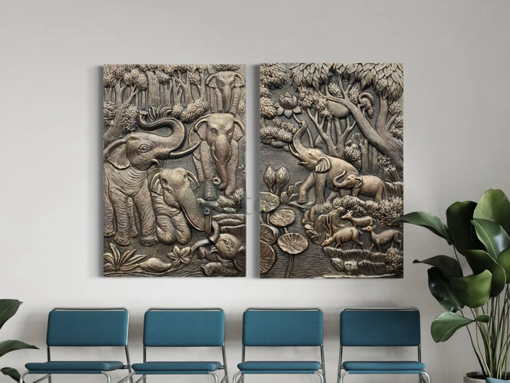 Nature inspired 3D Relief Mural Set - Elephant Deer Trees