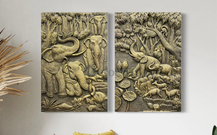 Nature inspired 3D Relief Mural Set - Elephant Deer Trees