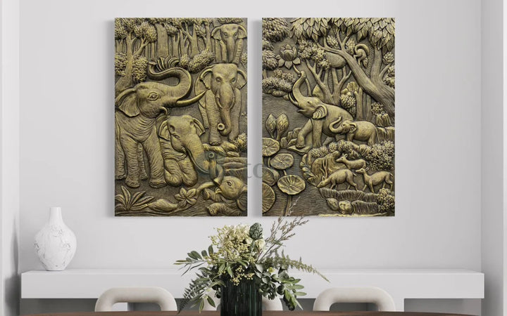 Nature inspired 3D Relief Mural Set - Elephant Deer Trees