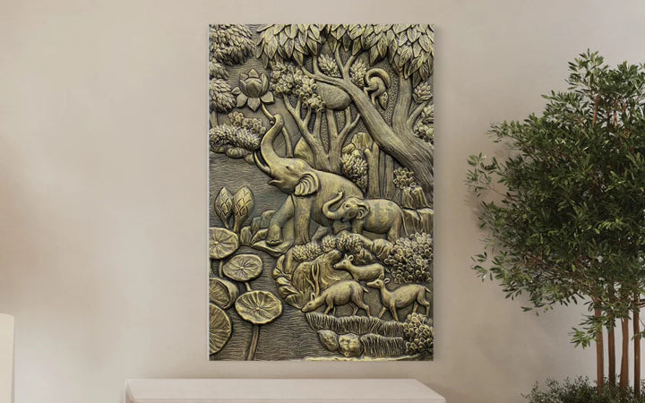 Nature inspired 3D Relief Mural Set - Elephant Deer Trees