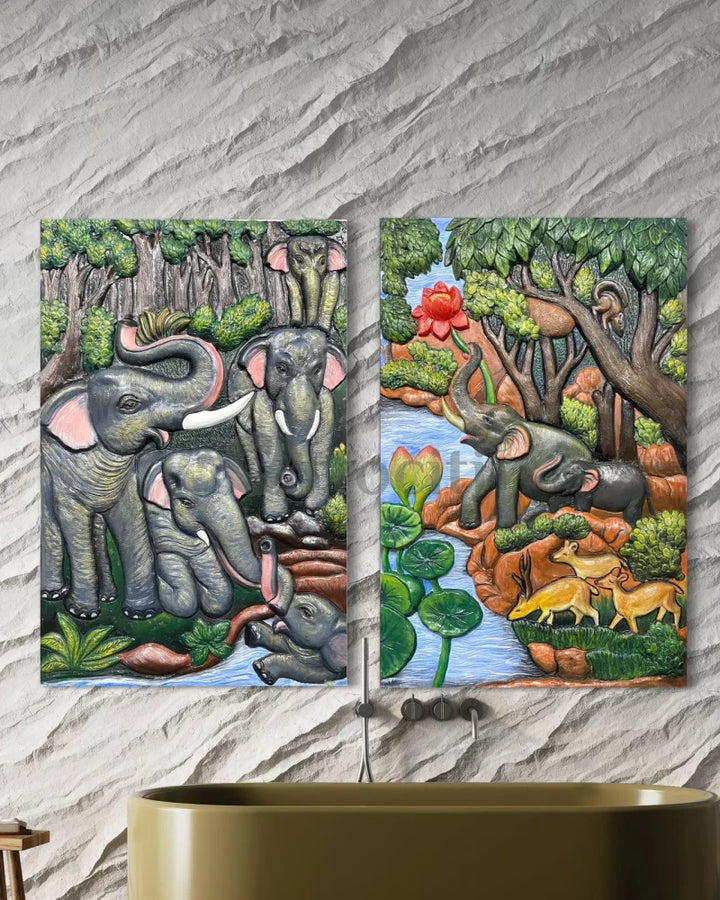 Nature inspired 3D Relief Mural Set - Elephant Deer Trees