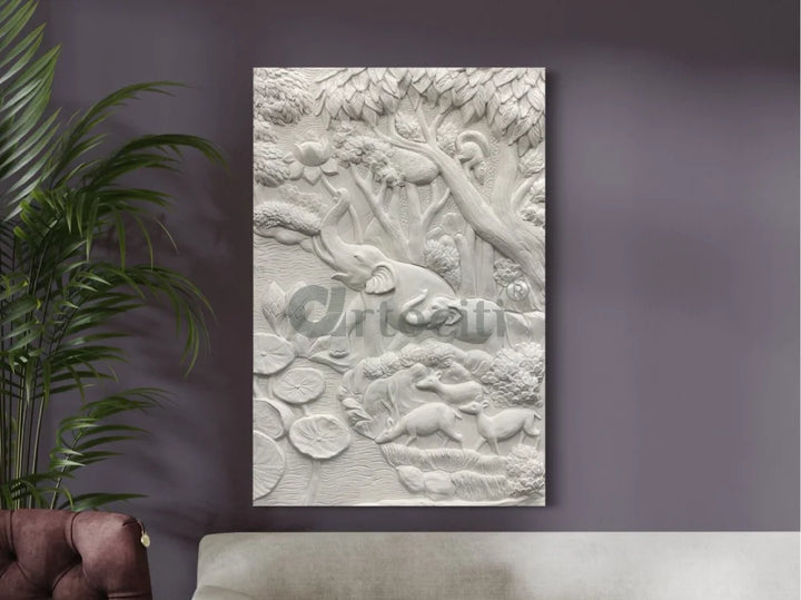 Nature inspired 3D Relief Mural Set - Elephant Deer Trees