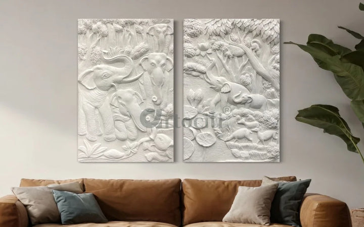 Nature inspired 3D Relief Mural Set - Elephant Deer Trees
