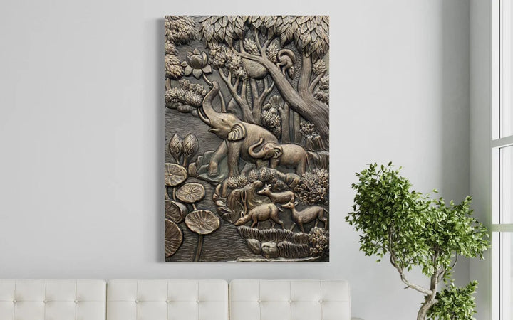 Nature inspired 3D Relief Mural Set - Elephant Deer Trees