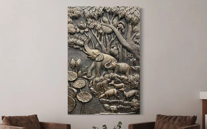 Nature inspired 3D Relief Mural Set - Elephant Deer Trees