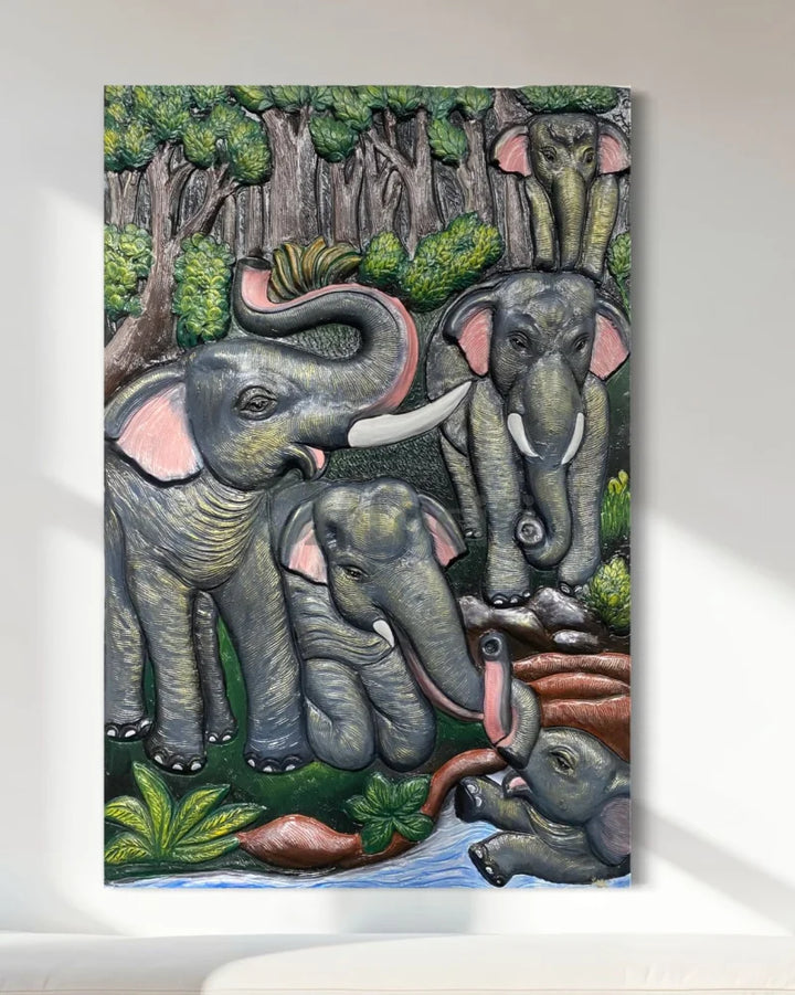Nature inspired 3D Relief Mural Set - Elephant Deer Trees