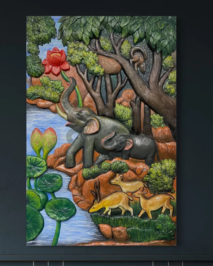 Nature inspired 3D Relief Mural Set - Elephant Deer Trees