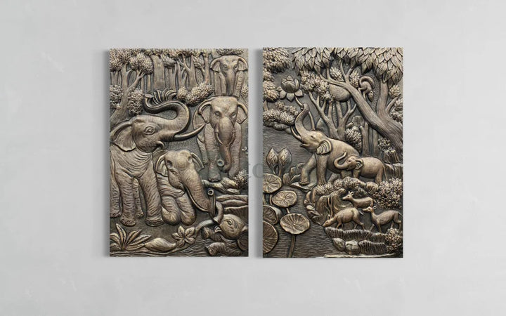 Nature inspired 3D Relief Mural Set - Elephant Deer Trees