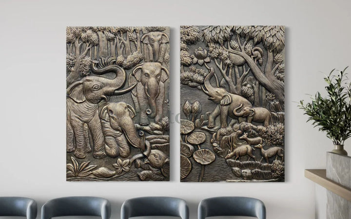 Nature inspired 3D Relief Mural Set - Elephant Deer Trees Complete Set of 2 / BRONZE