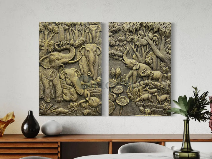 Nature inspired 3D Relief Mural Set - Elephant Deer Trees Complete Set of 2 / GOLD