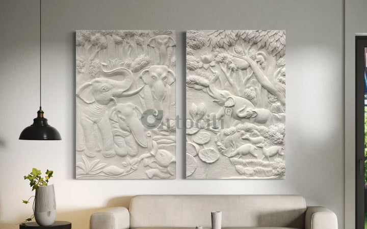 Nature inspired 3D Relief Mural Set - Elephant Deer Trees Complete Set of 2 / WHITE