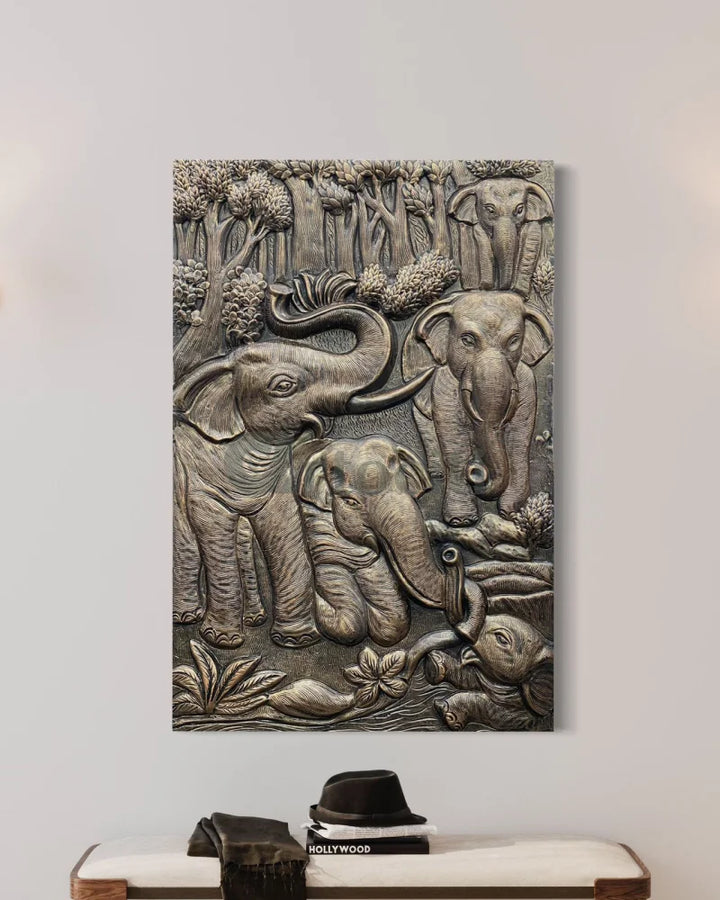 Nature inspired 3D Relief Mural Set - Elephant Deer Trees Option 1 / BRONZE