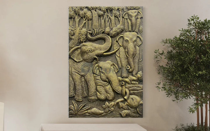 Nature inspired 3D Relief Mural Set - Elephant Deer Trees Option 1 / GOLD