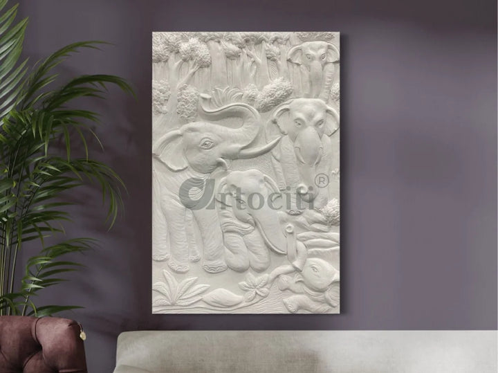 Nature inspired 3D Relief Mural Set - Elephant Deer Trees Option 1 / WHITE