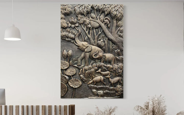 Nature inspired 3D Relief Mural Set - Elephant Deer Trees Option 2 / BRONZE