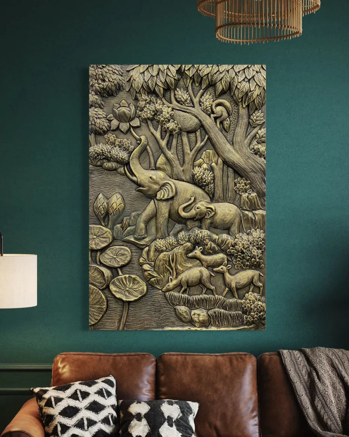 Nature inspired 3D Relief Mural Set - Elephant Deer Trees Option 2 / GOLD